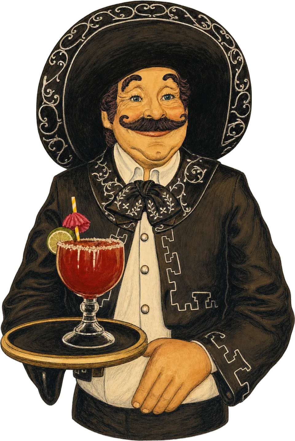 Illustration of the charro carrying a margarita on a brass tray