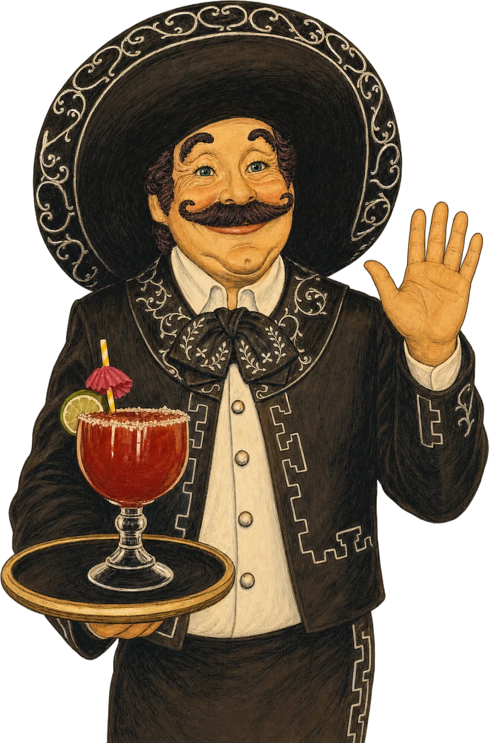 Illustration of the charro waving, a red margarita on his tray