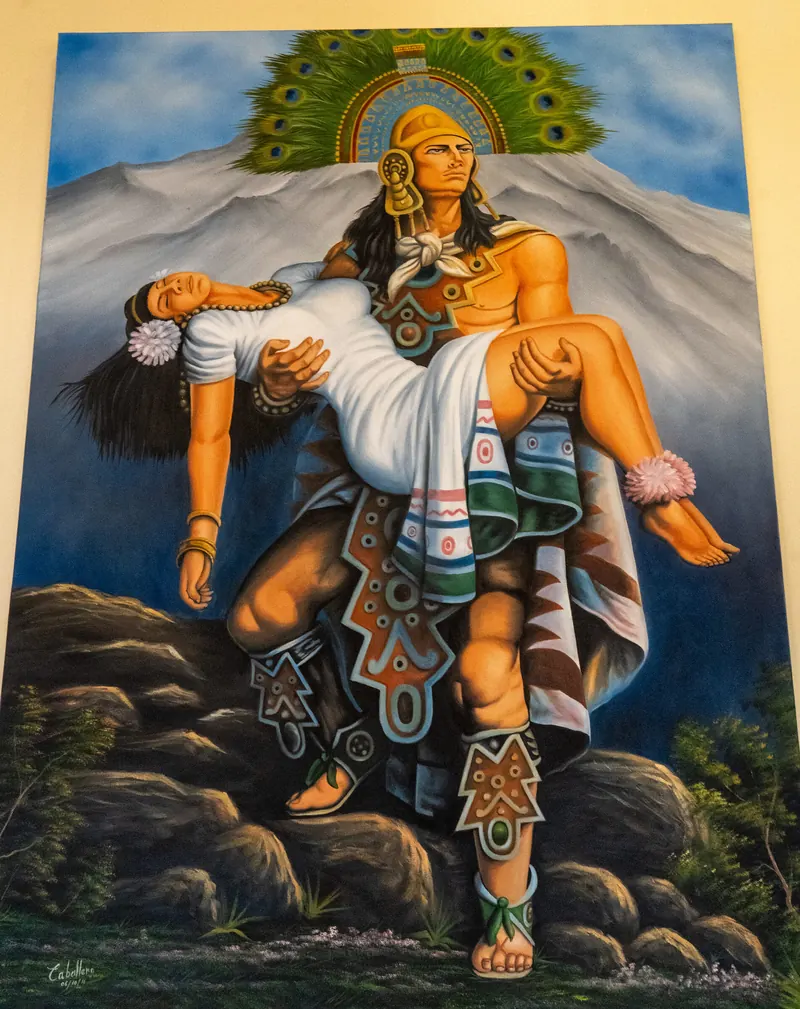 Painting of the legend of Popocatépetl and Iztaccíhuatl on the dining-room wall